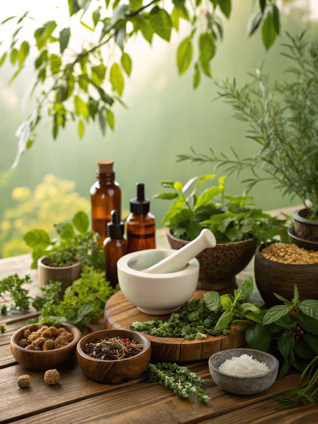 A serene display of herbal wellness products, including shilajit, moringa powder, and essential oils, showcasing the natural ingredients and health benefits offered by Yeti Trading Group.