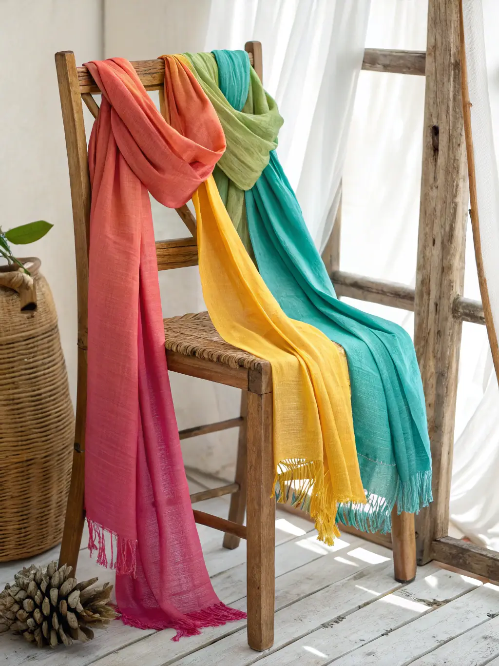A close-up shot of luxurious cashmere scarves in various natural hues, highlighting the softness and quality of Yeti Trading Group's natural luxury textiles.