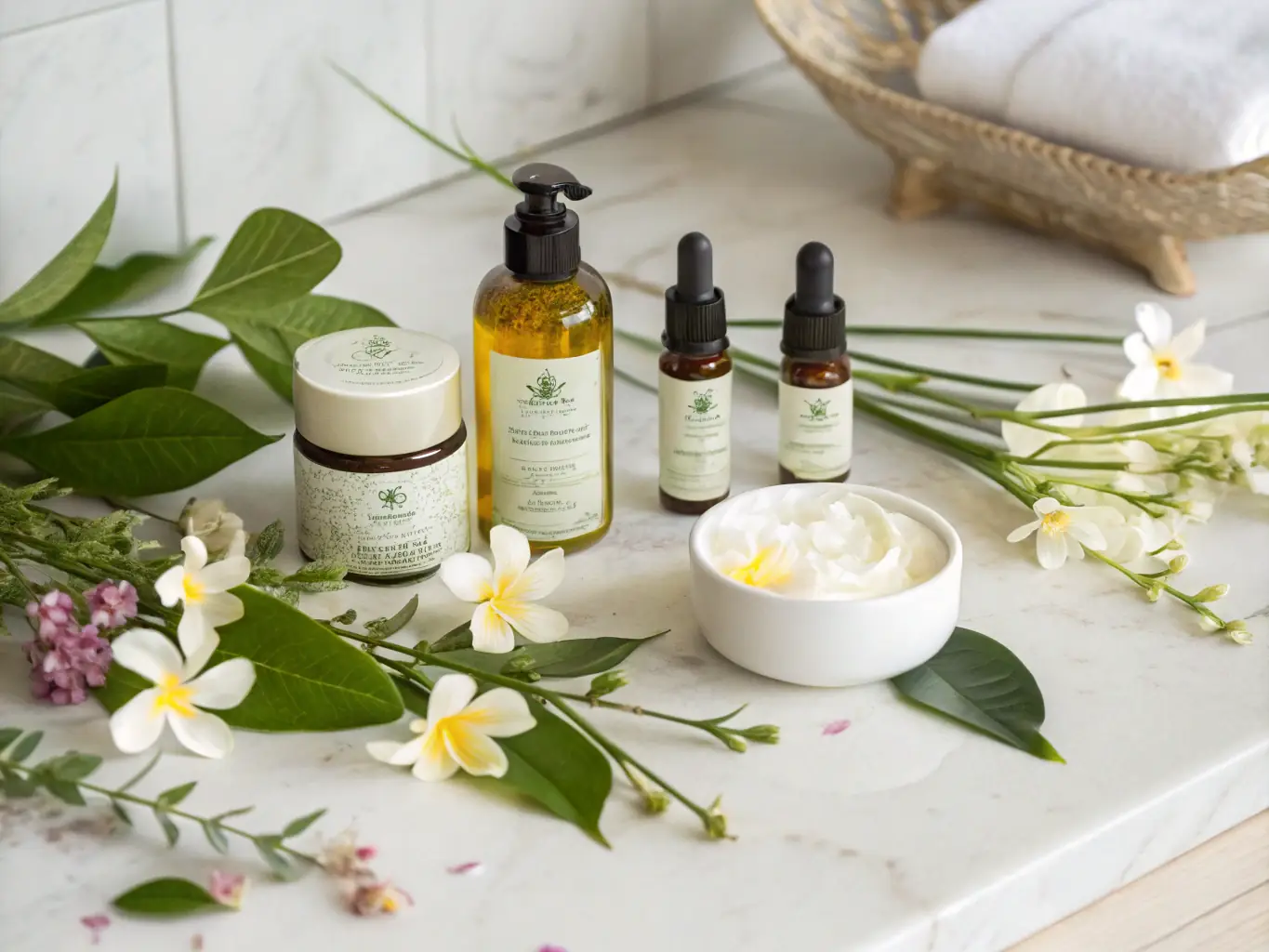 A selection of herbal wellness products, including shilajit, moringa powder, and essential oils, arranged to highlight their natural and health-boosting properties.