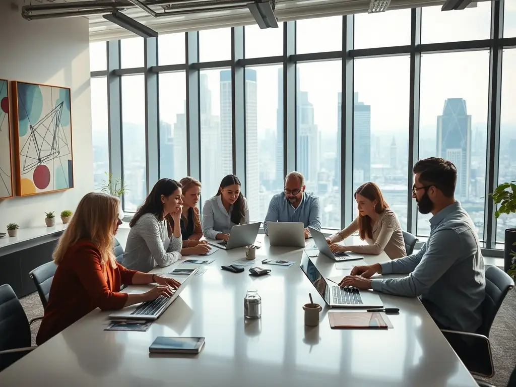 A modern office setting with professionals collaborating on digital solutions, representing Yeti Trading Group's technology and digital services.